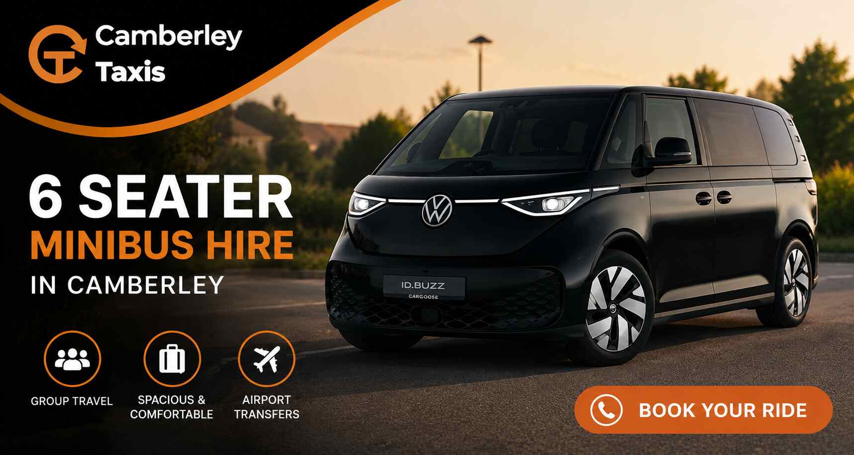6 Seater Minibus Hir:A modern 6 seater minibus taxi from Camberley Taxis parked in Surrey, ideal for group travel.