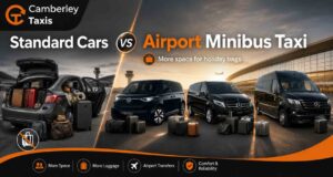 A side-by-side comparison visualization showing the limited boot space of a saloon car versus the spacious cargo hold of a modern airport minibus taxi.